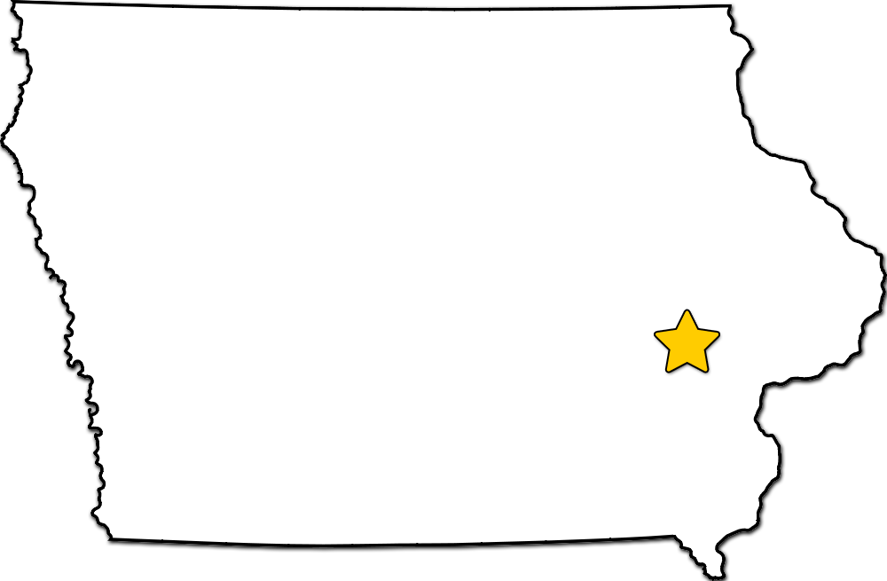 Image of the state of Iowa with Iowa City starred.
