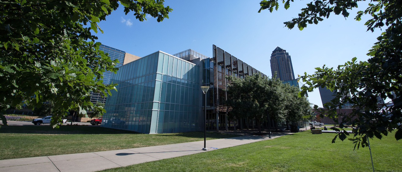 Exterior picture of the John and Mary Pappajohn Education Center in downtown Des Moines