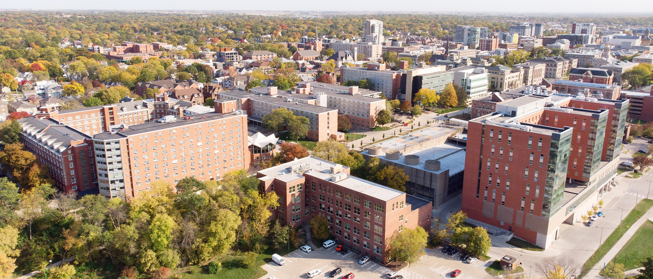 Aerial picture of North Hall and the east side of the Iowa City campus