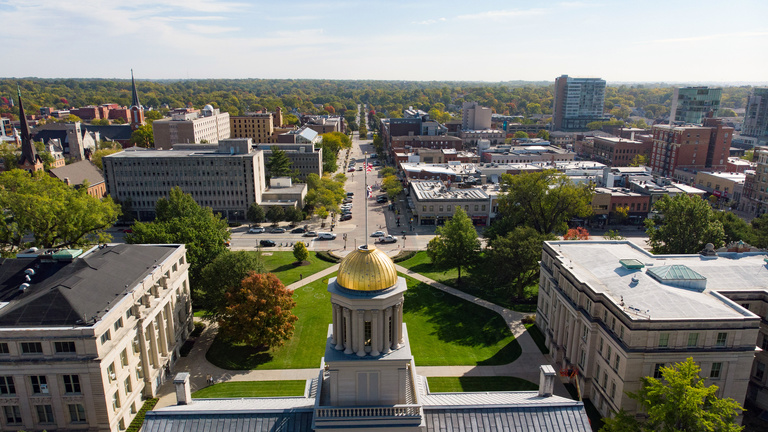 Aerial photo of downtown Iowa City and the Old Capitol building